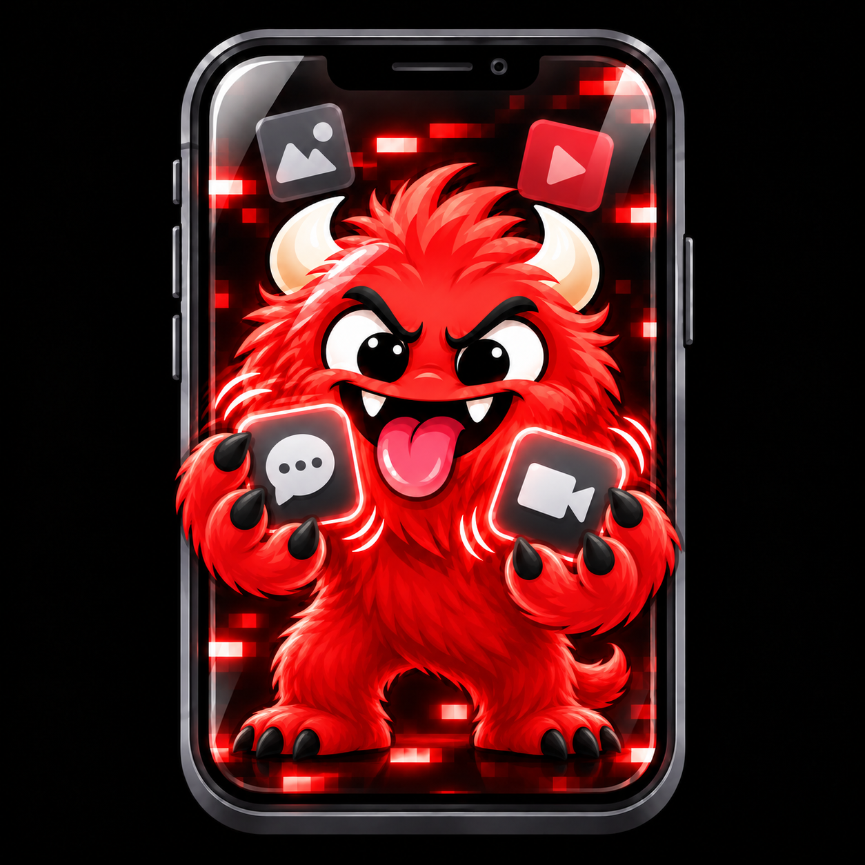 RageQuit’s red horned monster grinning inside a phone and clutching app icons.